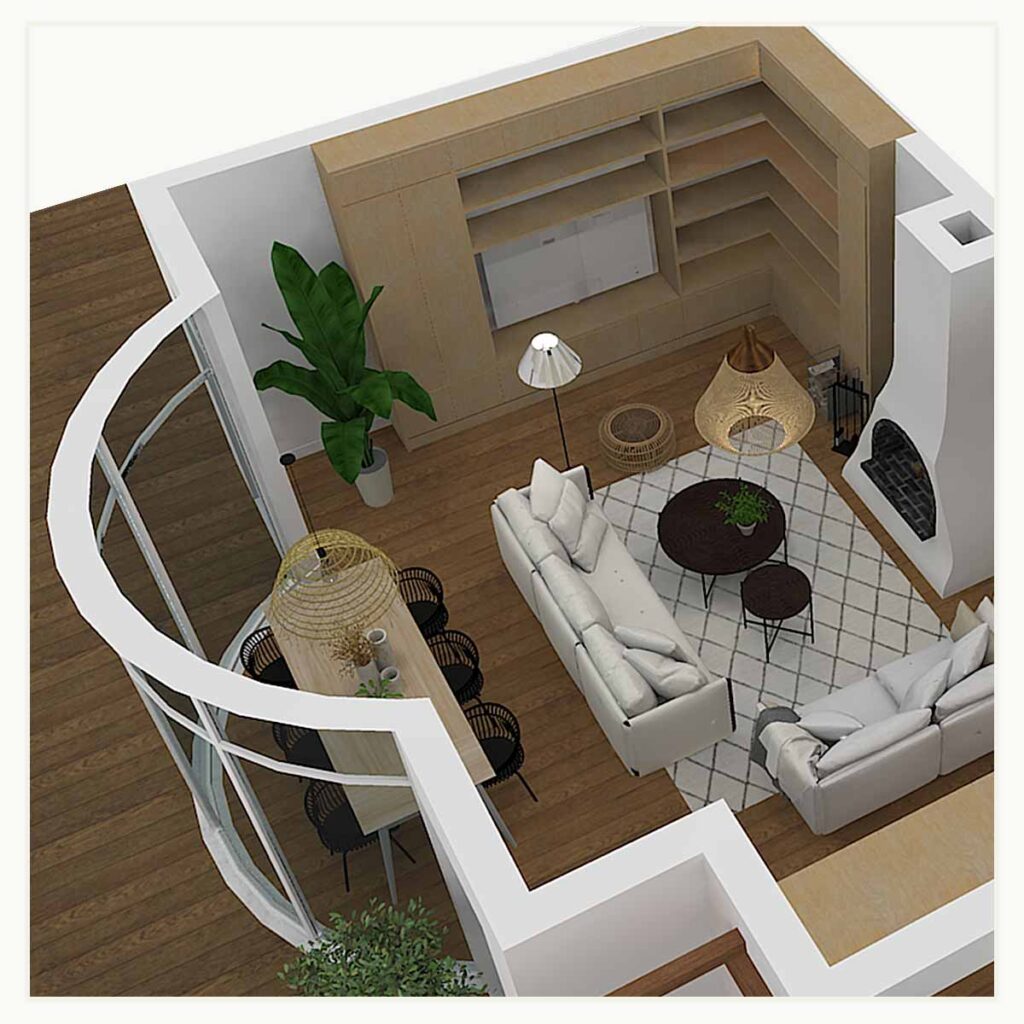 Architecture d'intérieur - axonométrie - salon - perspective - modélisation - dessin - architecte d'intérieur