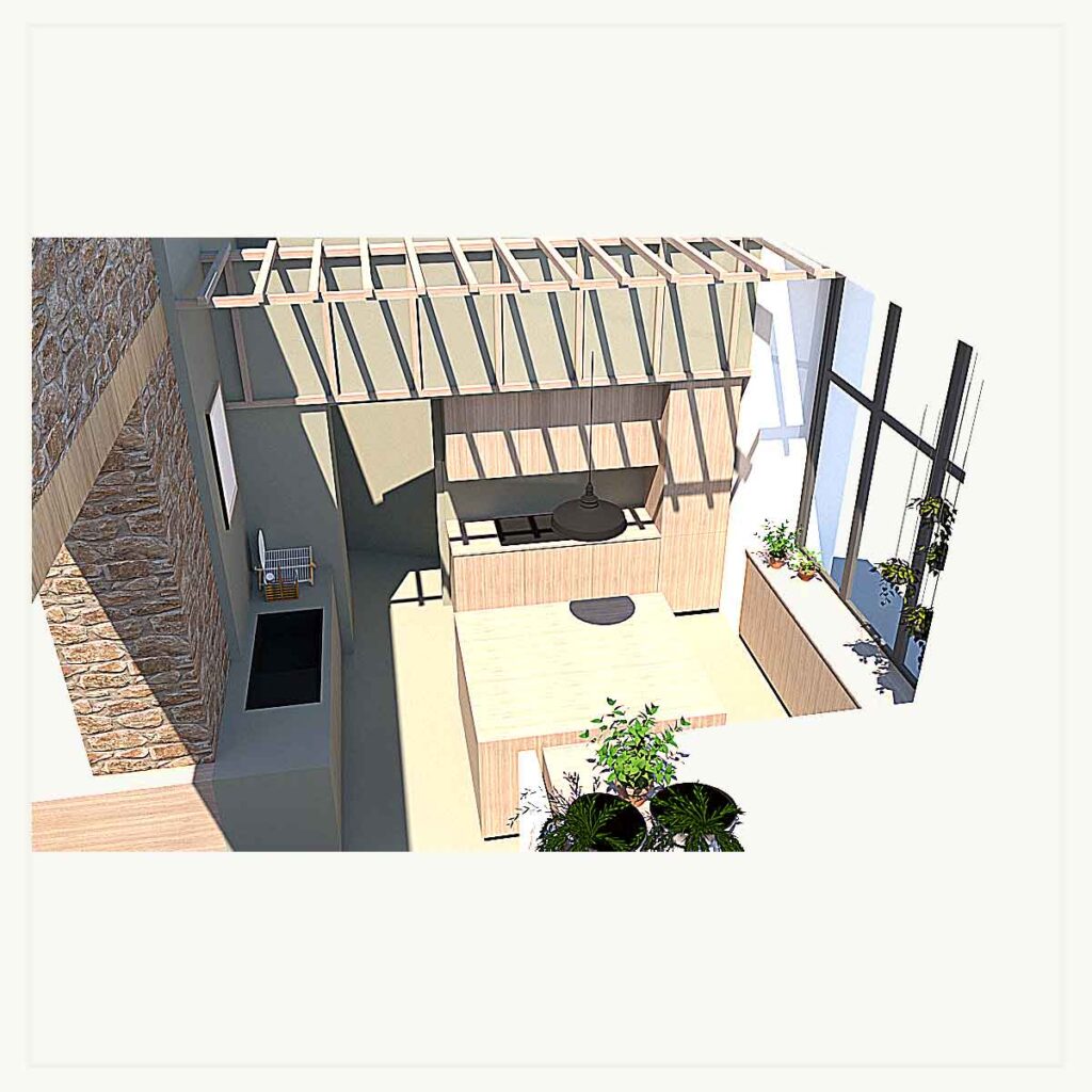 Architecture d'intérieur - cuisine - bois - modélisation - dessin - architecte d'intérieur