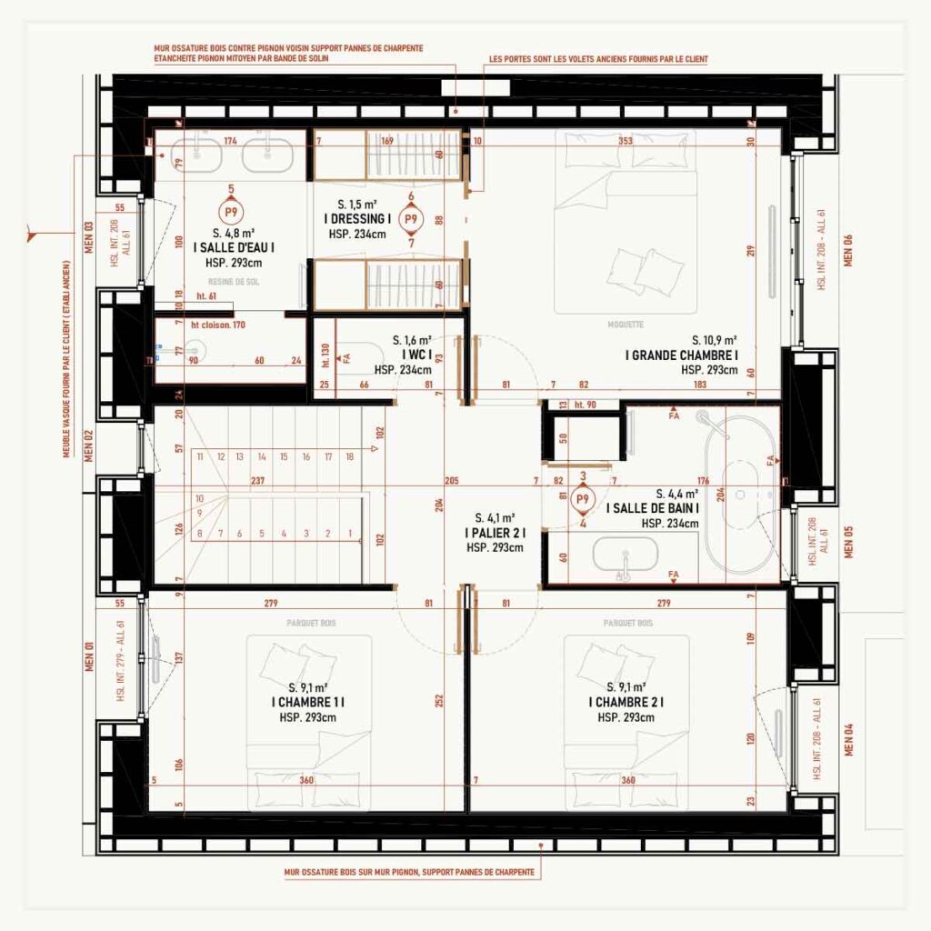 architecture - architecture d'intérieur - plan - maison - appartement - chambres - salle de bain - salle d'eau - dressing - architecte - architecte d'intérieur